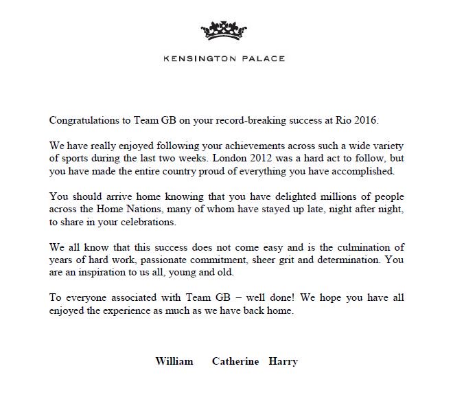 Кейт, Уильям и Гарри отравили письмо с поздравлениями Олимпийской сборной Великобритании